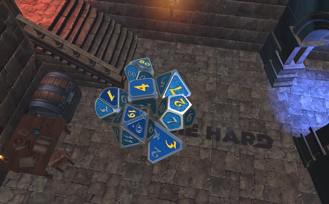 Screenshot of Fungeon app showing a dungeon dungeon room with big dice in it.